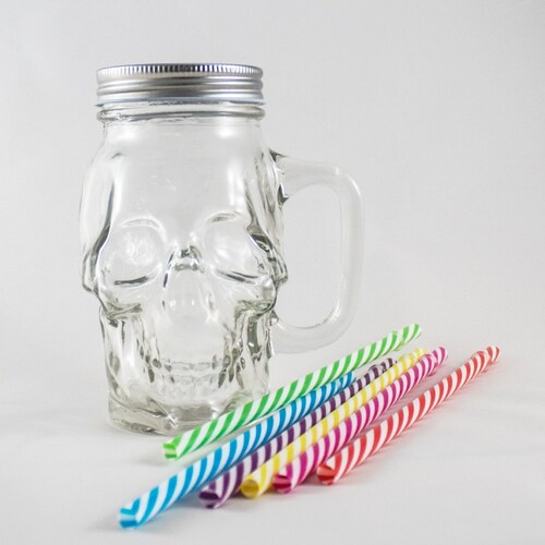 12pz Frasco Calavera con Tapa Y Popote Mason Jars Skull 16oz (473ml)
