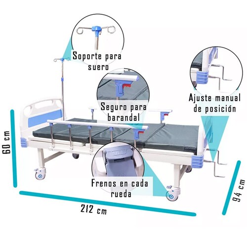 Cama Hospital Manual 2 Posiciones Barandales Aajustables 260kg Incluye Colchon Soporte Suero Hospitalaria