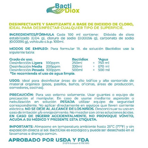 Desinfectante Sanitizante Dióxido Cloro 