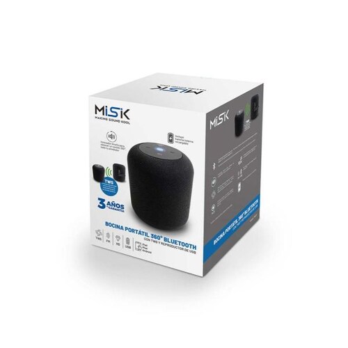 Bocina Bluetooth MISIK MS207 Negro Sonido 360 grados TWS USB Tarjeta SD y Radio FM