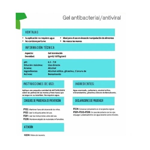 Gel Antibacterial-antiviral Bio Gen 1 Litro Con Dispensador