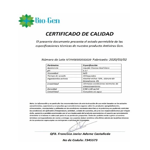 Gel Antibacterial-antiviral Bio Gen 1 Litro Con Dispensador