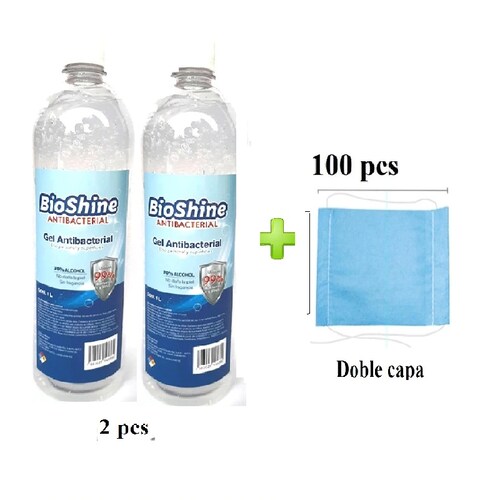2 pcs 1L gel antibacterial 70% bicohine + 100 pcs tapabocas sms
