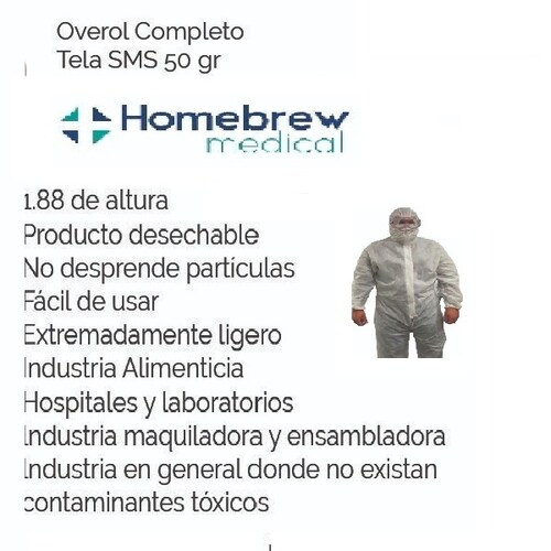 overol  unitalla tela sms 50 gr desechable homebrew  medical 