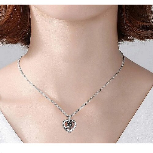 Collar Te Amo En 100 Idiomas Corazón Plateado Dama Acero Inoxidable