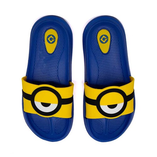 Sandalia Slide Para Niño Minions Azul Estampado Ojo Minions