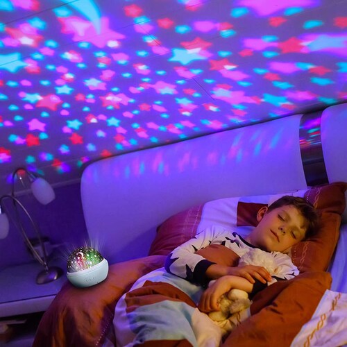 Redlemon Lámpara de Estrellas para Niños con Domo Giratorio Intercambiable Estrellas y Océano, Luces LED de Colores, 8 Modos de Iluminación, Funciona con Baterías o Cable USB, Luz de Noche