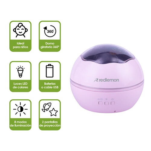 Redlemon Lámpara de Estrellas para Niños con Domo Giratorio Intercambiable Estrellas y Océano, Luces LED de Colores, 8 Modos de Iluminación, Funciona con Baterías o Cable USB, Luz de Noche