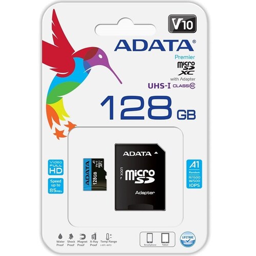 Memoria MicroSD 128 GB Adata SDXC Con Adaptador Clase 10 A1 AUSDX128GUICL10A1-RA1.