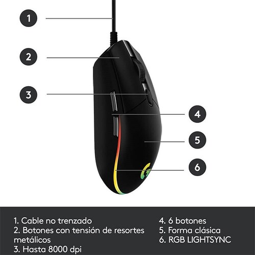 MOUSE LOGITECH G203 LIGHTSYNC RGB 8K DPI USB NEGRO (910-005793)