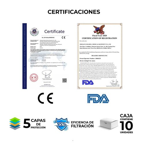 Cubrebocas, Mascarilla, Tapabocas 10 Pzs KN95 con Certificación en Empaque Individual.