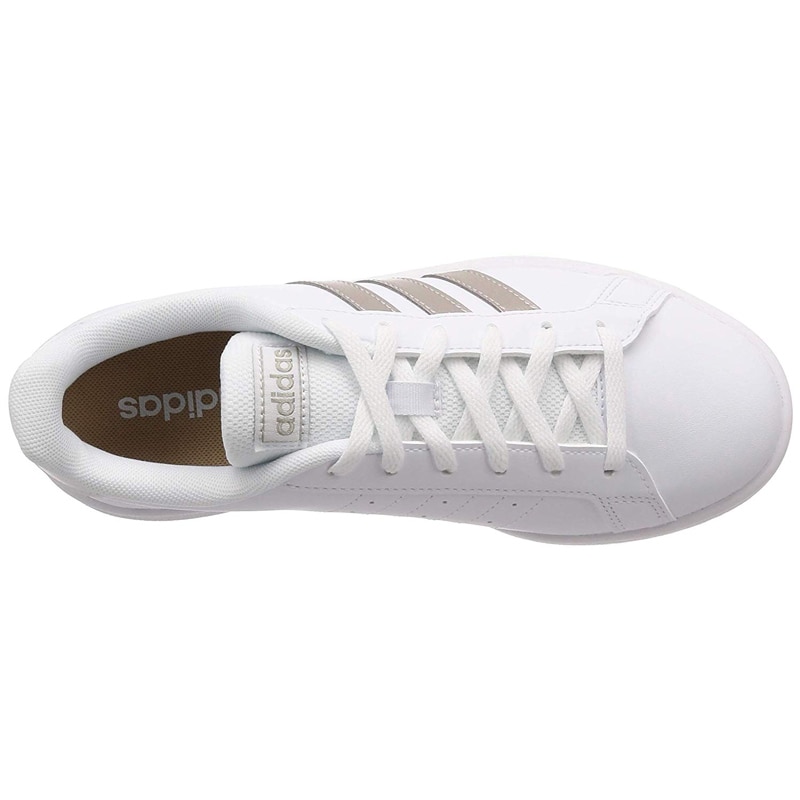 Tenis Adidas Grand Court Base EE7874 Blanco Franjas Doradas Mujer