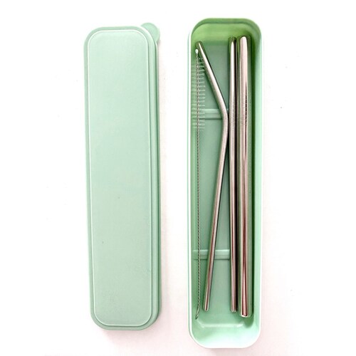 Kit Set De 3 Popotes Metálicos Acero Con Estuche Y Cepillo