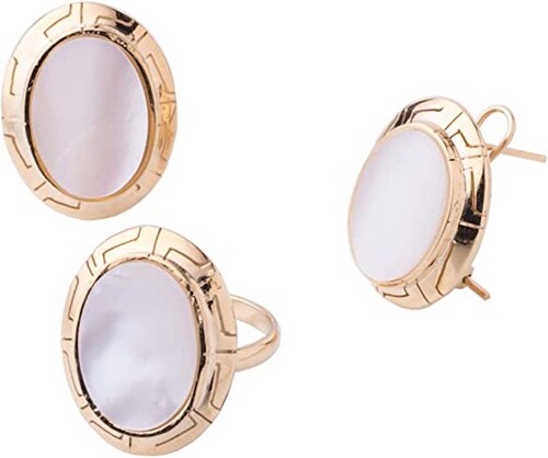 Juego de Joyas Oval Greca Perla, Juego de Aretes y Anillo Enchapado en Oro de 18 Quilates, 18K, Regalo Ideal para Mamá/Novia/Esposa