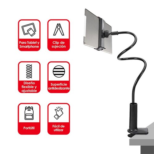 Redlemon Soporte para Celular y Tablet con Brazo Flexible y Clip para Colocar en Mesa o Escritorio, Resistente, Compatibilidad Universal, Ideal para Dispositivos de Hasta 19 cm de Ancho