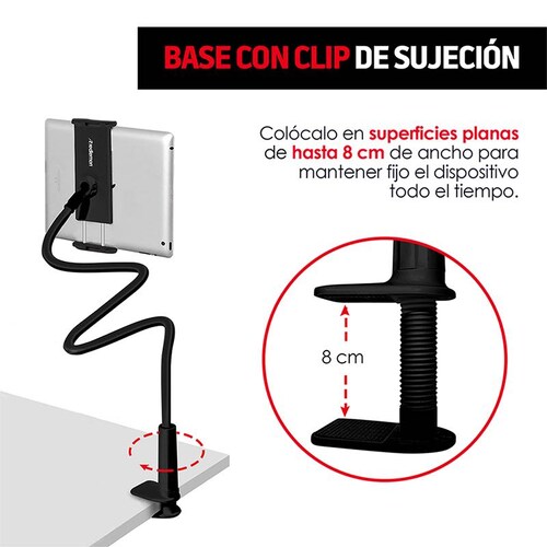 Redlemon Soporte para Celular y Tablet con Brazo Flexible y Clip para Colocar en Mesa o Escritorio, Resistente, Compatibilidad Universal, Ideal para Dispositivos de Hasta 19 cm de Ancho