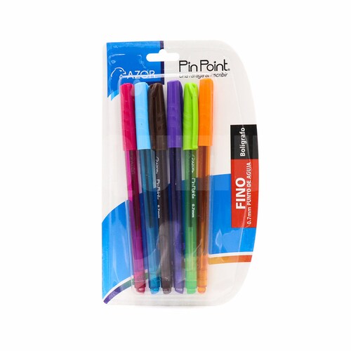 Boligrafos Punta Fina 0.7mm Azor Pinpoint Surtido 6 Pzas