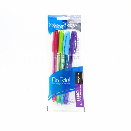Boligrafos Punta Fina 0.7mm Azor Pinpoint Surtido 4 Pzas