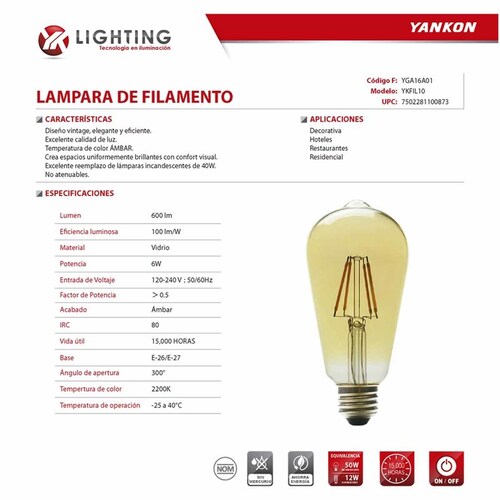 Foco Lampara Filamento Vinjtage 6W E27 Casa Hogar 2Pz Yankon