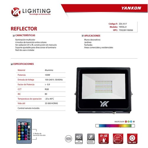 Reflector Lampara Led 100w Rgb Control Remoto Casa Yankon 