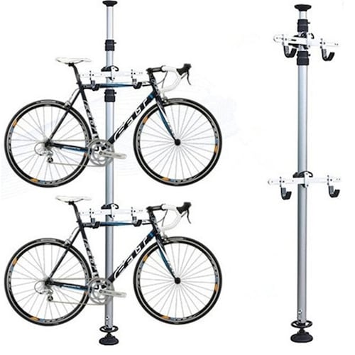 Soporte stand exhibidor para 2 bicicletas piso-techo.