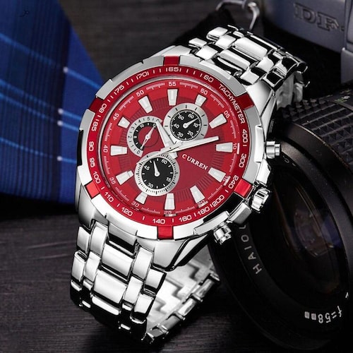 Reloj de Hombre Metálico Curren 8023 Plateado Rojo Clásico y Elegante