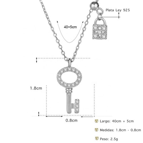 Gargantilla  Premium  Llave / Candado VAROURO  Plata Ley 925 + Estuche.