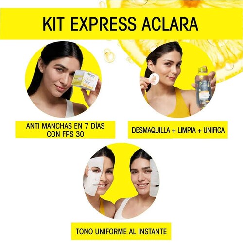 Garnier Express Aclara:crema, Agua Micelar, 2 Mascarilla Kit 