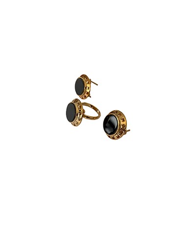 Juego de Joyas Redondo Greca Black, Juego de Aretes y Anillo Enchapado en Oro de 18 Quilates, 18K, Regalo Ideal para Mamá/Novia/Esposa