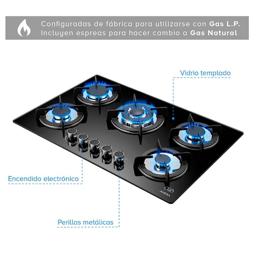 Parrilla de Gas Vidrio Templado con 5 Quemadores Avera VT5