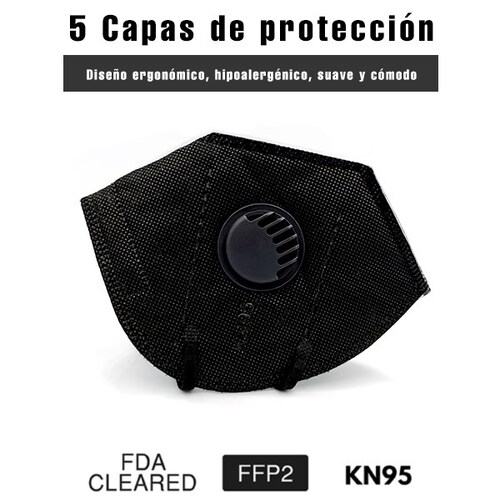 50 piezas Cubre bocas KN95 válvula con 5 capas Color negro con válvula de exhalación máxima protección FFP2 
