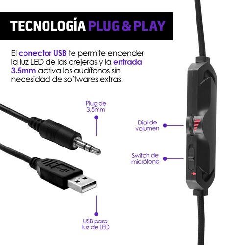 Redlemon Audífonos Gamer con Sonido HD 360 y Luz LED, Micrófono Flexible, Cable Auxiliar 3.5 mm, Control de Audio, Cable de Nylon Trenzado Ultra Resistente de 2m, Compatibilidad Universal, Mod. G9500
