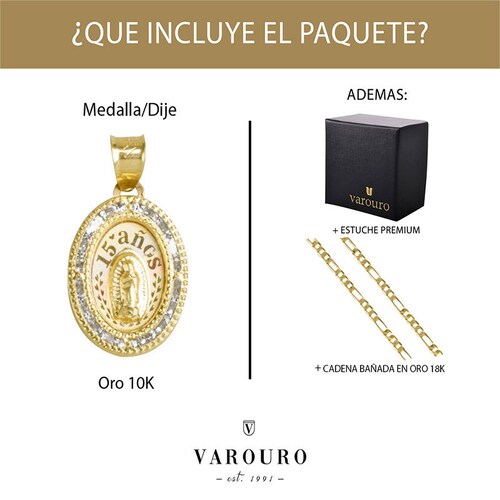 Medalla 15 Años Con Virgen Guadalupe VAROURO Oro 10k + Cadena Regalo