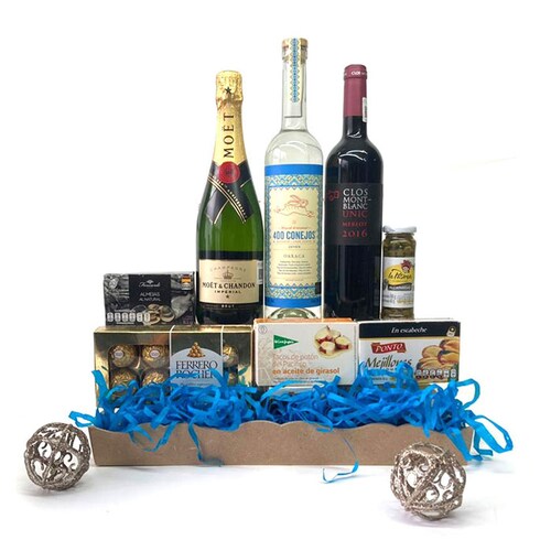 Canasta con Champaña Moët Chandon Brut Impérial, Vino y Mezcal 400 Conejos