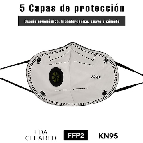 50 PZ Cubre bocas KN95 válvula de exhalación con 5 capas Color negro máxima protección FFP2 