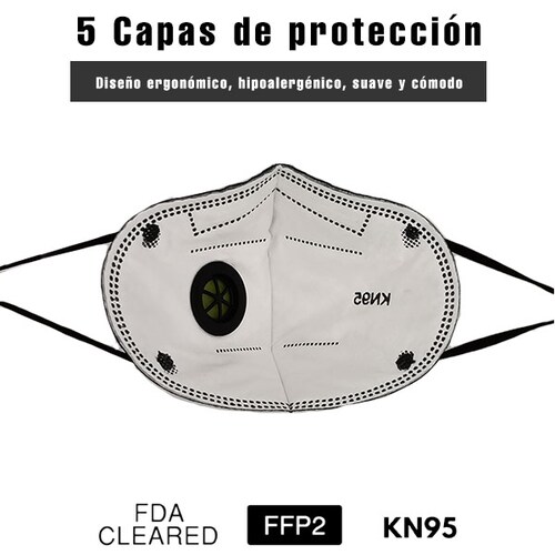 5 piezas Cubre bocas KN95 válvula de exhalación con 5 capas Color negro máxima protección FFP2