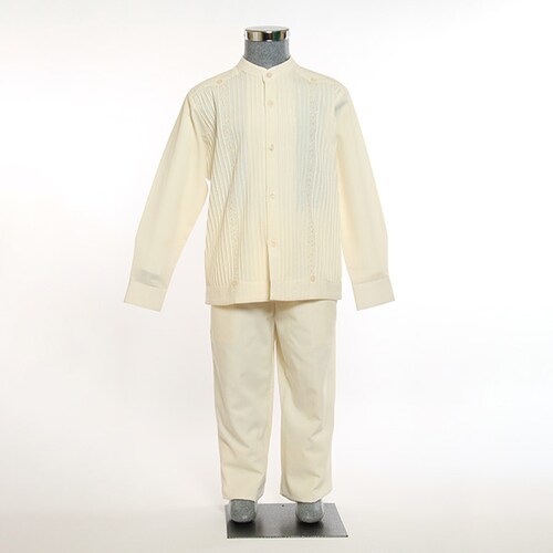 Conjunto de Guayabera Bordada de Lino color Hueso 6 a 18 años