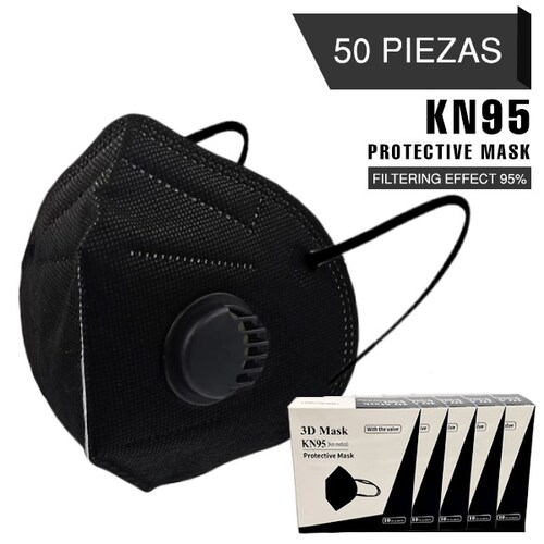 50 PZ Cubre bocas KN95 válvula de exhalación con 5 capas Color negro máxima protección FFP2 