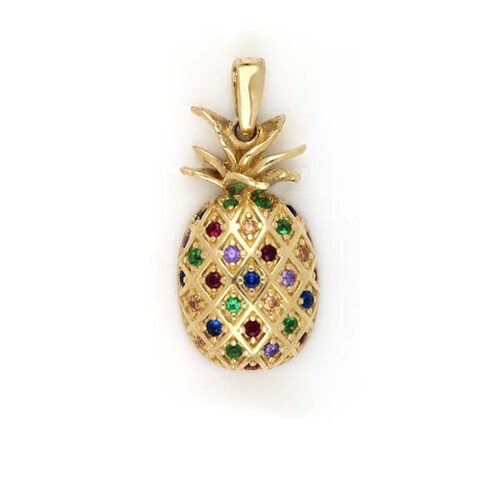 Dije de Piña con Circonias de Colores en Oro Amarillo de 14 K + Obsequio