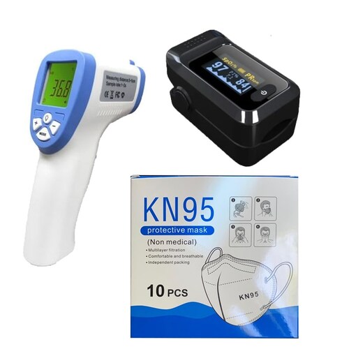 Kit termometro digital + oximetro pulso + 10 cubrebocas kn95