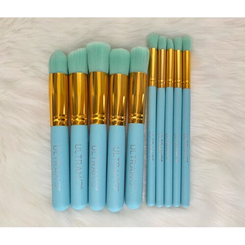 Set De 10 Brochas De Maquillaje Kabuki Pinceles azul Ultramo