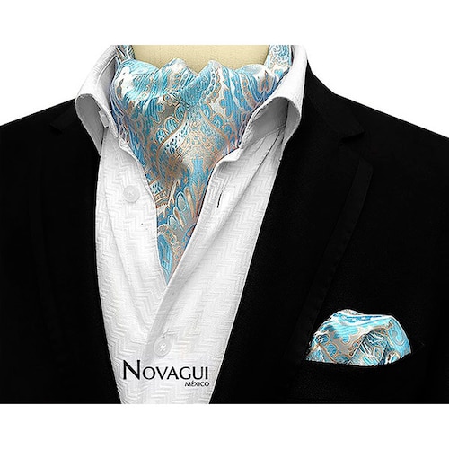 Corbata Ascot (tipo Gazné) con Pañuelo UNISEX Modelo FLRL-AzPlDo