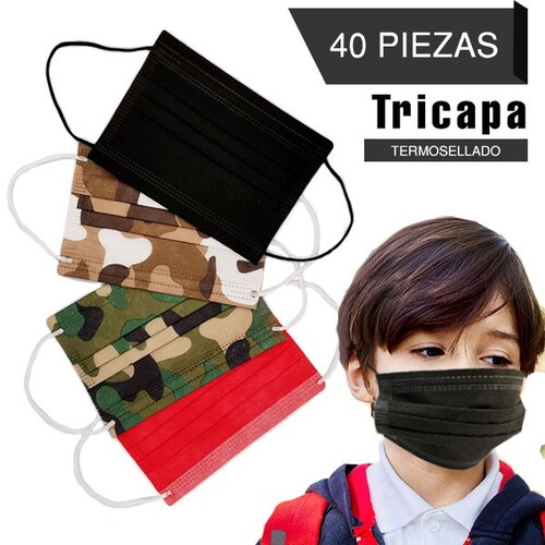 Cubrebocas para niños de colores 40 piezas Tricapa Termosellado Infantil plisado triple capa certificado camuflaje café, camuflaje verde, negro y rojo.