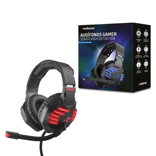 Redlemon Audífonos Gamer con Sonido HD 360 y Luz LED, Micrófono Flexible, Cable Auxiliar 3.5 mm, Control de Audio, Cable de Nylon Trenzado Ultra Resistente de 2m, Compatibilidad Universal, Mod. G9500
