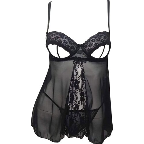 Babydoll Cupless Y Panty Set Negro De 2 Pz En Tela Mesh Y Encaje Lenceria Dama Mod 865