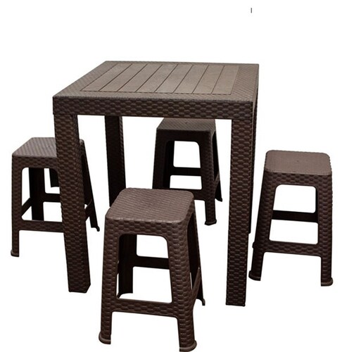 Set Mesa con 4 Bancos Polipropileno Tipo Rattan Chocolate