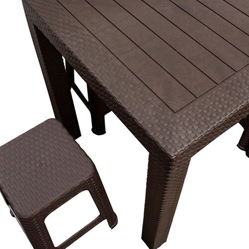 Set Mesa con 4 Bancos Polipropileno Tipo Rattan Chocolate