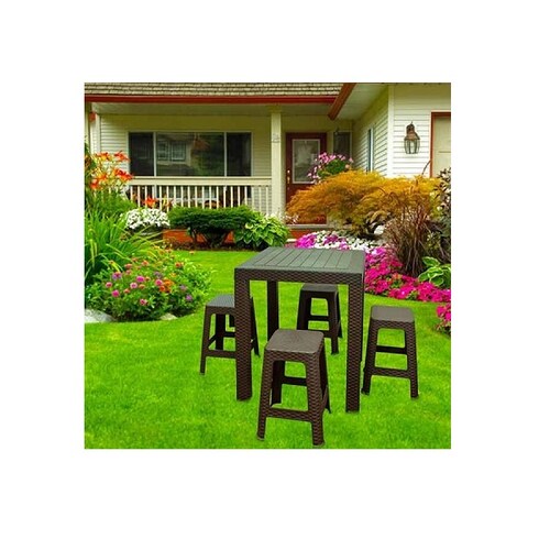 Set Mesa con 4 Bancos Polipropileno Tipo Rattan Chocolate