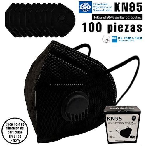 100 piezas Cubrebocas KN95 Certificado FDA ISO CE negro válvula con 5 capas  Empaque individual color negro máxima protección FFP2 