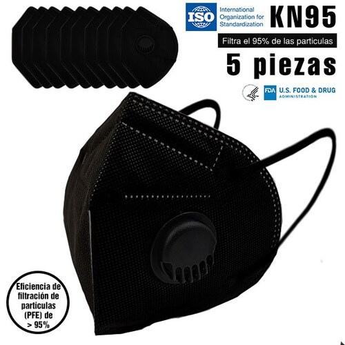 5 piezas Cubrebocas KN95 Certificado FDA ISO CE negro válvula con 5 capas  Empaque individual color negro máxima protección FFP2 